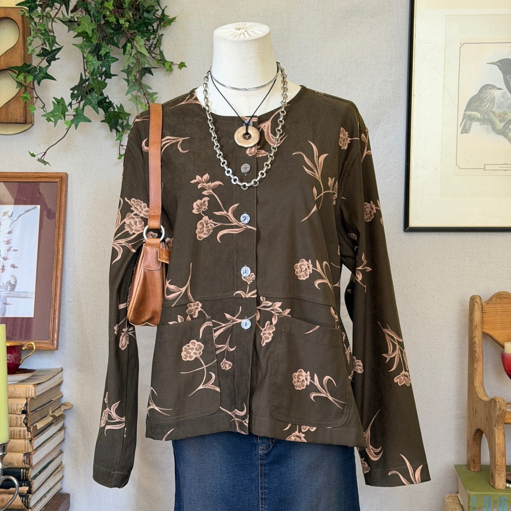Olive Green Brown Floral Sueded Shirt Jacket Whimsygoth Cottagecore M Button Up